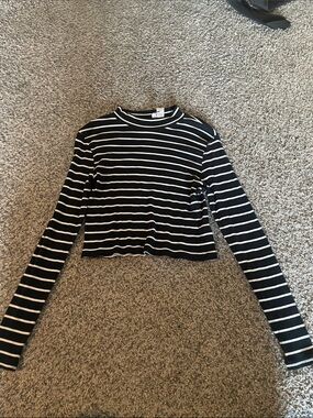 Divided Black and White Striped Long-Sleeve Crop Top